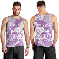 Purple Palaka Hawaiian And Japanese Men Tank Top Maneki Neko And Sakura Bloom DT05 - Polynesian Pride