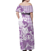 Purple Palaka Hawaiian And Japanese Off Shoulder Maxi Dress Maneki Neko And Sakura Bloom DT05 - Polynesian Pride