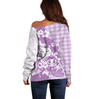 Purple Palaka Hawaiian And Japanese Off Shoulder Sweater Maneki Neko And Sakura Bloom DT05 - Polynesian Pride