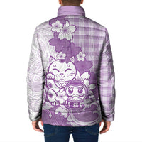 Purple Palaka Hawaiian And Japanese Padded Jacket Maneki Neko And Sakura Bloom DT05 - Polynesian Pride