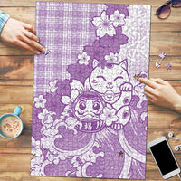 Purple Palaka Hawaiian And Japanese Puzzle Maneki Neko And Sakura Bloom DT05 Purple - Polynesian Pride