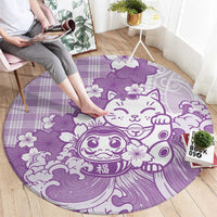 Purple Palaka Hawaiian And Japanese Round Carpet Maneki Neko And Sakura Bloom DT05 - Polynesian Pride