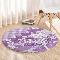 Purple Palaka Hawaiian And Japanese Round Carpet Maneki Neko And Sakura Bloom DT05 - Polynesian Pride
