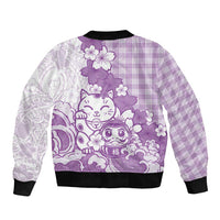 Purple Palaka Hawaiian And Japanese Sleeve Zip Bomber Jacket Maneki Neko And Sakura Bloom DT05 - Polynesian Pride