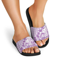 Purple Palaka Hawaiian And Japanese Slide Sandals Maneki Neko And Sakura Bloom DT05 - Polynesian Pride