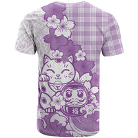 Purple Palaka Hawaiian And Japanese T Shirt Maneki Neko And Sakura Bloom DT05 - Polynesian Pride