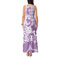 Purple Palaka Hawaiian And Japanese Tank Maxi Dress Maneki Neko And Sakura Bloom DT05 - Polynesian Pride