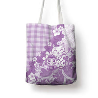 Purple Palaka Hawaiian And Japanese Tote Bag Maneki Neko And Sakura Bloom DT05 - Polynesian Pride