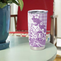 Purple Palaka Hawaiian And Japanese Tumbler Cup Maneki Neko And Sakura Bloom DT05 - Polynesian Pride