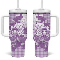 Purple Palaka Hawaiian And Japanese Tumbler With Handle Maneki Neko And Sakura Bloom DT05 One Size: 40 oz Purple - Polynesian Pride