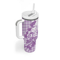 Purple Palaka Hawaiian And Japanese Tumbler With Handle Maneki Neko And Sakura Bloom DT05 - Polynesian Pride