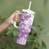 Purple Palaka Hawaiian And Japanese Tumbler With Handle Maneki Neko And Sakura Bloom DT05 - Polynesian Pride
