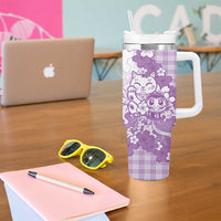 Purple Palaka Hawaiian And Japanese Tumbler With Handle Maneki Neko And Sakura Bloom DT05 - Polynesian Pride