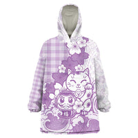 Purple Palaka Hawaiian And Japanese Wearable Blanket Hoodie Maneki Neko And Sakura Bloom DT05 One Size Purple - Polynesian Pride