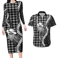 Black Hawaii Palaka Cowboy Turtle Couples Matching Long Sleeve Bodycon Dress and Hawaiian Shirt Hawaiian Paniolo Puakenikeni Maile Lei