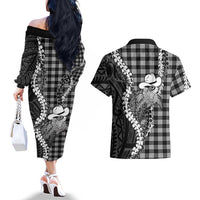 Black Hawaii Palaka Cowboy Turtle Couples Matching Off The Shoulder Long Sleeve Dress and Hawaiian Shirt Hawaiian Paniolo Puakenikeni Maile Lei