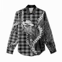 Black Hawaii Palaka Cowboy Turtle Women Casual Shirt Hawaiian Paniolo Puakenikeni Maile Lei