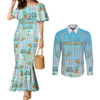 Custom Hawaii Surfing Couples Matching Mermaid Dress and Long Sleeve Button Shirt He'e Nalu DT05 Blue - Polynesian Pride