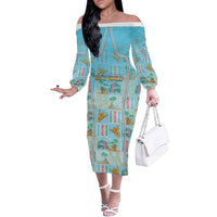 Custom Hawaii Surfing Off The Shoulder Long Sleeve Dress He'e Nalu DT05 Women Blue - Polynesian Pride