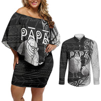 Personalised New Zealand Father's Day Couples Matching Off Shoulder Short Dress and Long Sleeve Button Shirt Papa Kiwi Bird Tribal Pattern DT05 Black - Polynesian Pride