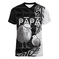 Personalised New Zealand Father's Day Women V-Neck T-Shirt Papa Kiwi Bird Tribal Pattern DT05 Female Black - Polynesian Pride