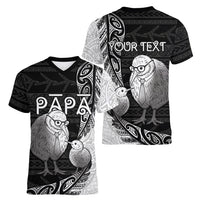 Personalised New Zealand Father's Day Women V-Neck T-Shirt Papa Kiwi Bird Tribal Pattern DT05 - Polynesian Pride