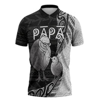 Personalised New Zealand Father's Day Zipper Polo Shirt Papa Kiwi Bird Tribal Pattern DT05 Black - Polynesian Pride