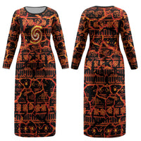 Polynesia Lava Monster Cosplay Couples Matching Long Sleeve Bodycon Dress and Long Sleeve Button Shirt Fiery Glowing Volcano Crack Pattern