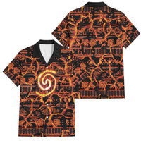 Polynesia Lava Monster Cosplay Family Matching Off Shoulder Short Dress and Hawaiian Shirt Fiery Glowing Volcano Crack Pattern