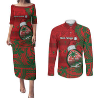 Guam Christmas Couples Matching Puletasi and Long Sleeve Button Shirt Chamorro Seal Hat Santa Tribal Waves DT05 Red - Polynesian Pride