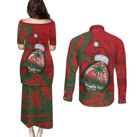 Guam Christmas Couples Matching Puletasi and Long Sleeve Button Shirt Chamorro Seal Hat Santa Tribal Waves DT05 - Polynesian Pride