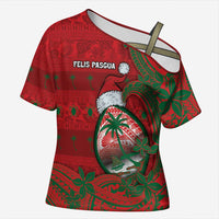 Guam Christmas Cross Shoulder Shirt Chamorro Seal Hat Santa Tribal Waves DT05 Female Red - Polynesian Pride