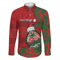 Guam Christmas Family Matching Off The Shoulder Long Sleeve Dress and Hawaiian Shirt Chamorro Seal Hat Santa Tribal Waves DT05 Dad's Shirt - Long Sleeve Red - Polynesian Pride