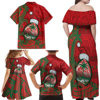 Guam Christmas Family Matching Off Shoulder Maxi Dress and Hawaiian Shirt Chamorro Seal Hat Santa Tribal Waves - Polynesian Pride