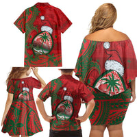 Guam Christmas Family Matching Off Shoulder Short Dress and Hawaiian Shirt Chamorro Seal Hat Santa Tribal Waves DT05 - Polynesian Pride