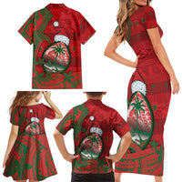 Guam Christmas Family Matching Short Sleeve Bodycon Dress and Hawaiian Shirt Chamorro Seal Hat Santa Tribal Waves - Polynesian Pride
