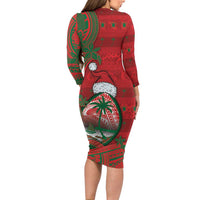 Guam Christmas Long Sleeve Bodycon Dress Chamorro Seal Hat Santa Tribal Waves - Polynesian Pride