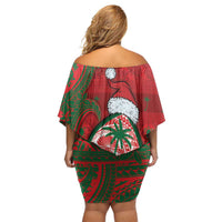 Guam Christmas Off Shoulder Short Dress Chamorro Seal Hat Santa Tribal Waves - Polynesian Pride