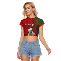 Guam Christmas Raglan Cropped T Shirt Chamorro Seal Hat Santa Tribal Waves DT05 Female Red - Polynesian Pride