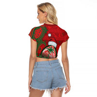 Guam Christmas Raglan Cropped T Shirt Chamorro Seal Hat Santa Tribal Waves DT05 - Polynesian Pride