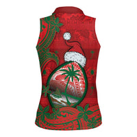 Guam Christmas Women Sleeveless Polo Shirt Chamorro Seal Hat Santa Tribal Waves - Polynesian Pride