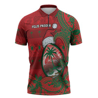 Guam Christmas Zipper Polo Shirt Chamorro Seal Hat Santa Tribal Waves DT05 Red - Polynesian Pride