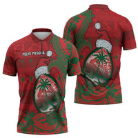 Guam Christmas Zipper Polo Shirt Chamorro Seal Hat Santa Tribal Waves DT05 - Polynesian Pride