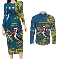 Nauru Christmas Couples Matching Long Sleeve Bodycon Dress and Long Sleeve Button Shirt Frigatebird Bird Santa Tribal Waves - Polynesian Pride