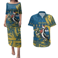 Nauru Christmas Couples Matching Puletasi and Hawaiian Shirt Frigatebird Bird Santa Tribal Waves DT05 Deep Blue - Polynesian Pride