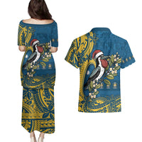 Nauru Christmas Couples Matching Puletasi and Hawaiian Shirt Frigatebird Bird Santa Tribal Waves DT05 - Polynesian Pride
