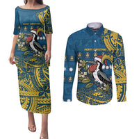 Nauru Christmas Couples Matching Puletasi and Long Sleeve Button Shirt Frigatebird Bird Santa Tribal Waves DT05 Deep Blue - Polynesian Pride