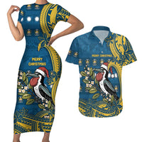 Nauru Christmas Couples Matching Short Sleeve Bodycon Dress and Hawaiian Shirt Frigatebird Bird Santa Tribal Waves - Polynesian Pride