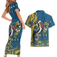 Nauru Christmas Couples Matching Short Sleeve Bodycon Dress and Hawaiian Shirt Frigatebird Bird Santa Tribal Waves - Polynesian Pride