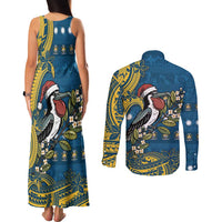 Nauru Christmas Couples Matching Tank Maxi Dress and Long Sleeve Button Shirt Frigatebird Bird Santa Tribal Waves - Polynesian Pride